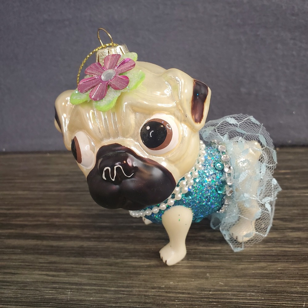 Robert‎ Stanley Pug Dog Glass Christmas Ornament  in Blue Tutu Pearl Necklace